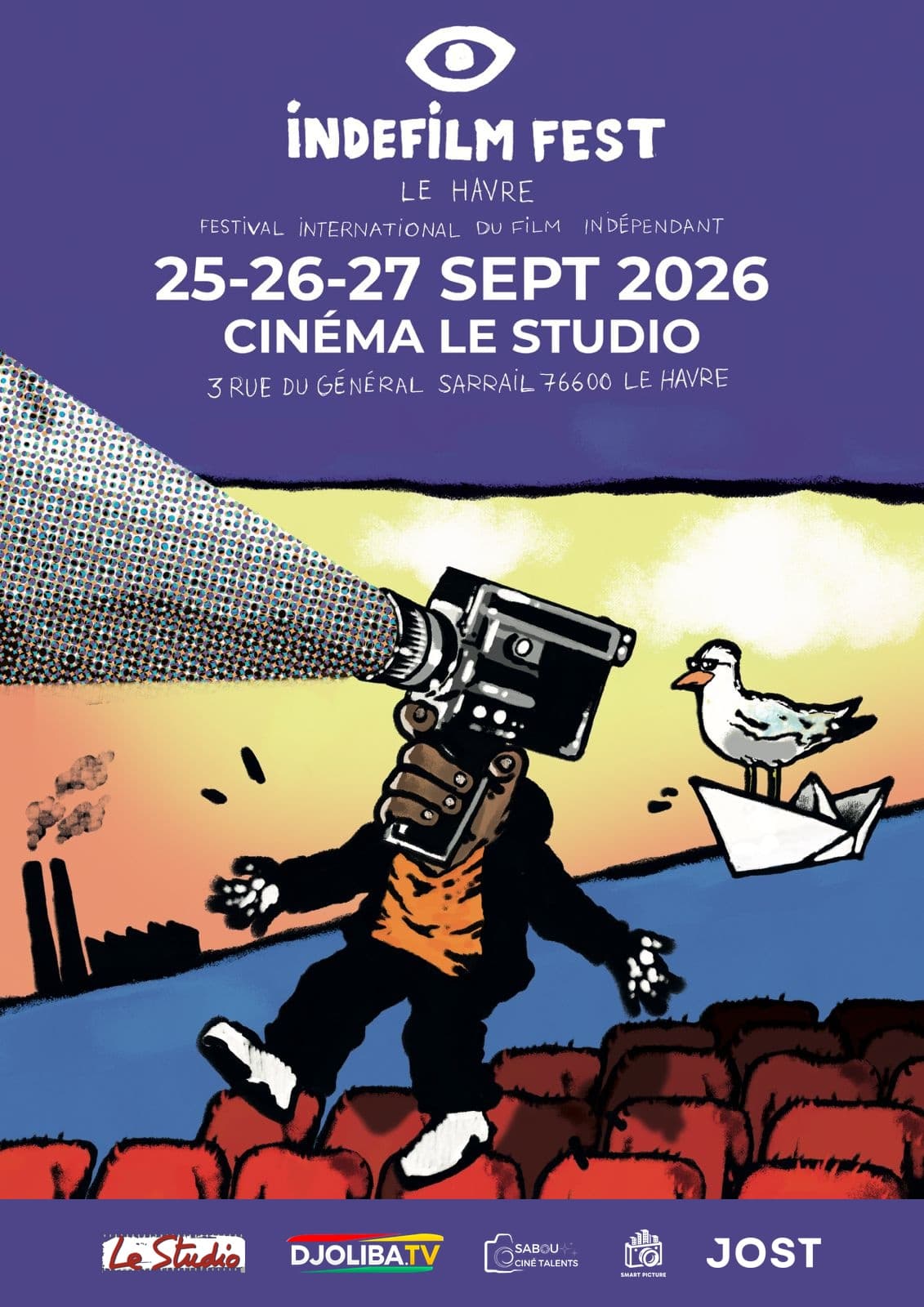 Affiche IndéFilm Fest 2026 — 25, 26 et 27 septembre 2026, Cinéma Le Studio, Le Havre